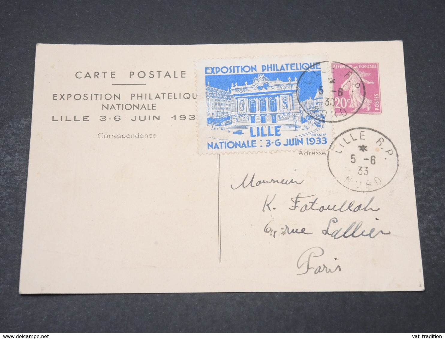 FRANCE - Entier Postal Type Semeuse De L 'Exposition Philatélique De Lille Avec Vignette En 1933 Pour Paris -  L 16827 - Standard Postcards & Stamped On Demand (before 1995)