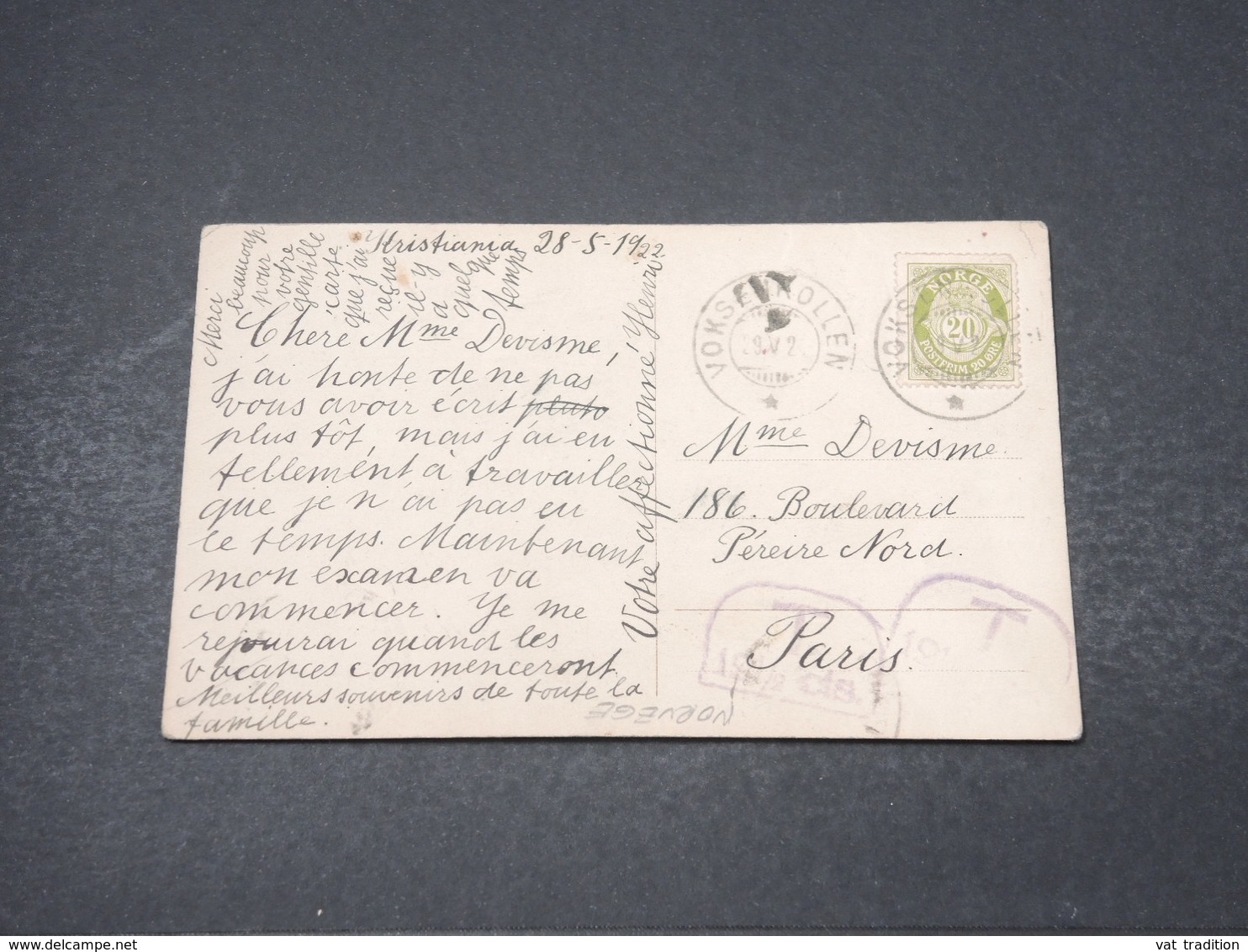NORVEGE - Affranchissement De Voksenrollen Sur Carte Postale En 1922 Pour Paris , Cachet De Taxe -  L 16834 - Lettres & Documents