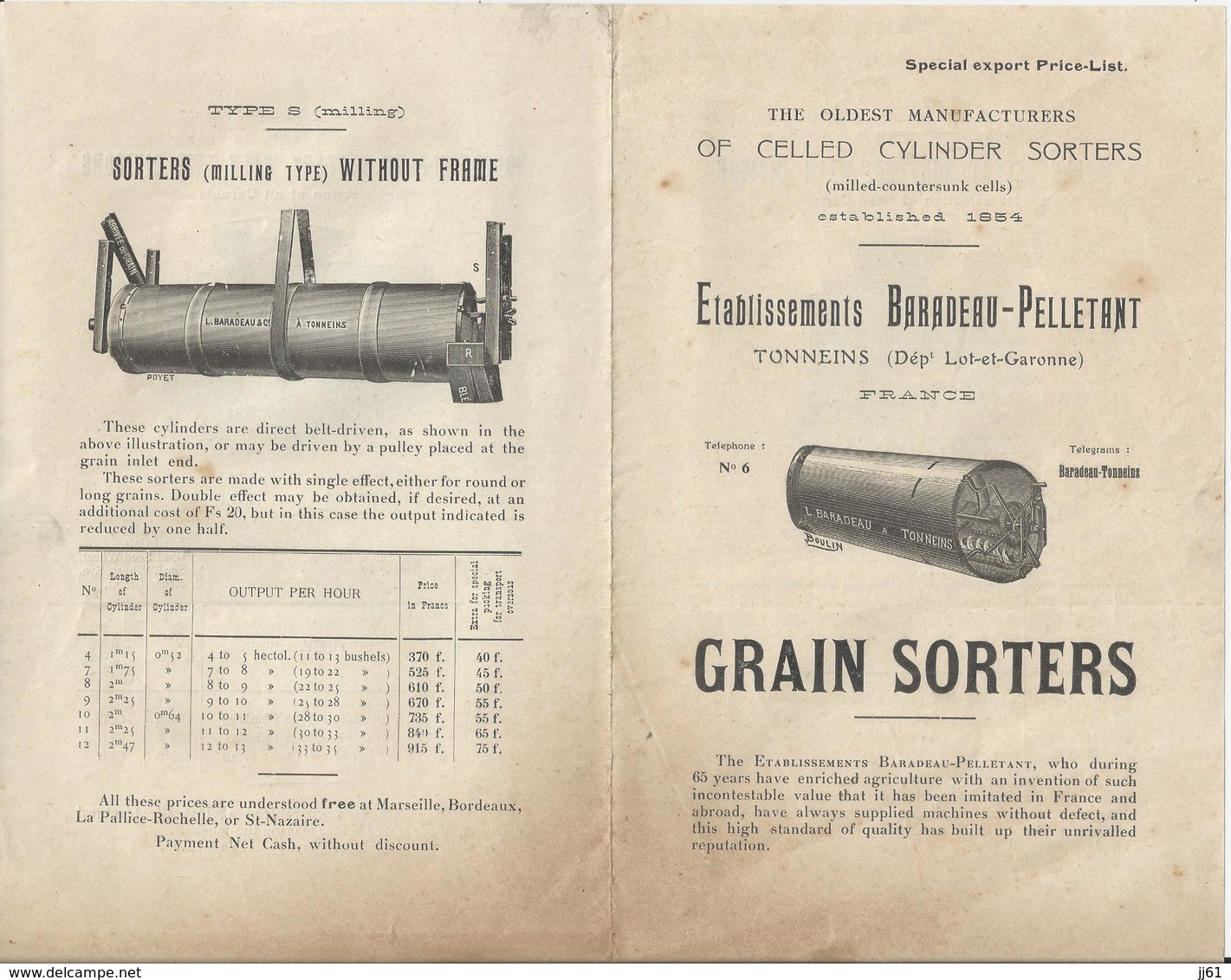 TONNEINS BARADEAU PELLETANT FABRIQUE DE TRIEURS GRAINS SORTERS CATALOGUE EN ANGLAIS ANNEE 1919 - Andere & Zonder Classificatie