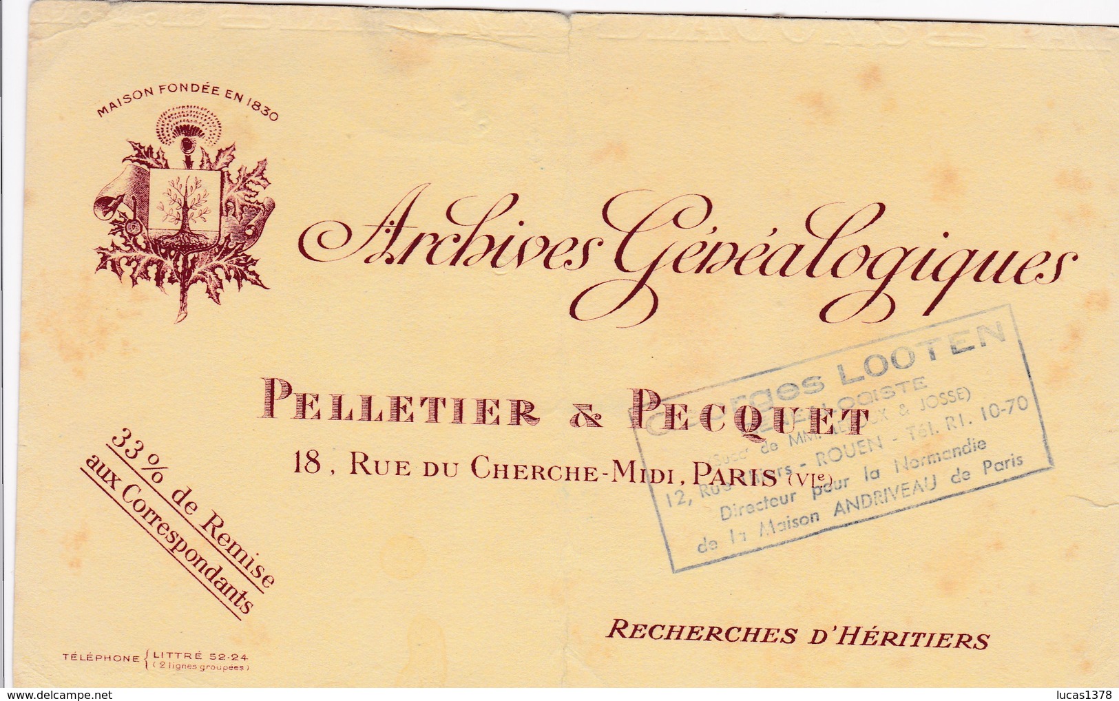 Pelletier & Pecquet, Archives Généalogiques, Recherche D'héritiers, Paris - A