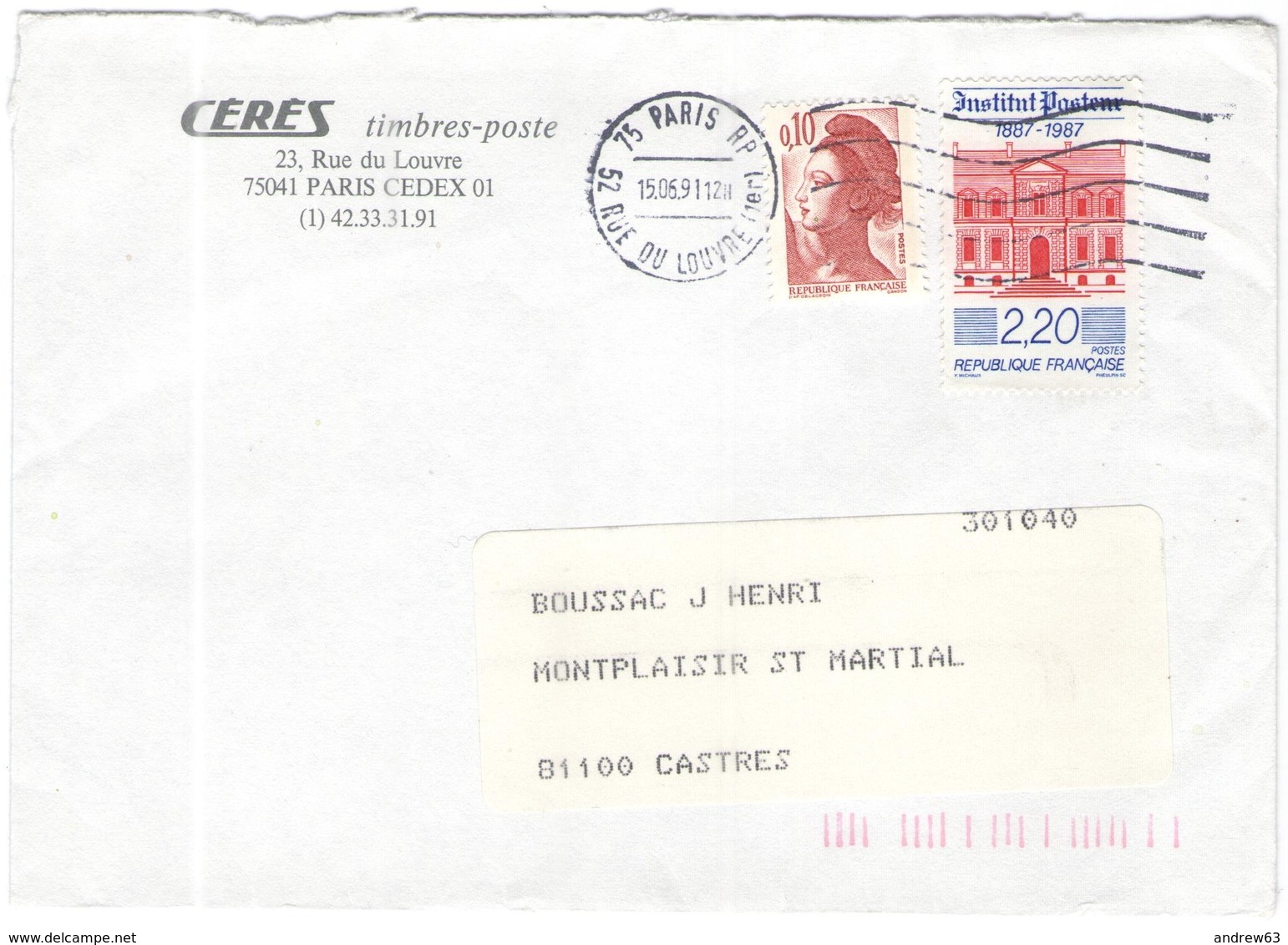 FRANCIA - France - 1991 - 2,20 Institut Pasteur + 0,10 Liberté De Gandon - Viaggiata Da Paris Per Castres - Storia Postale
