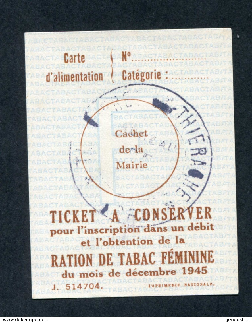 WWII Carte D'alimentation - Ticket De Rationnement "Ration De Tabac - Décembre 1945" Taisnières-en-Thiérache - Nord WW2 - Documents