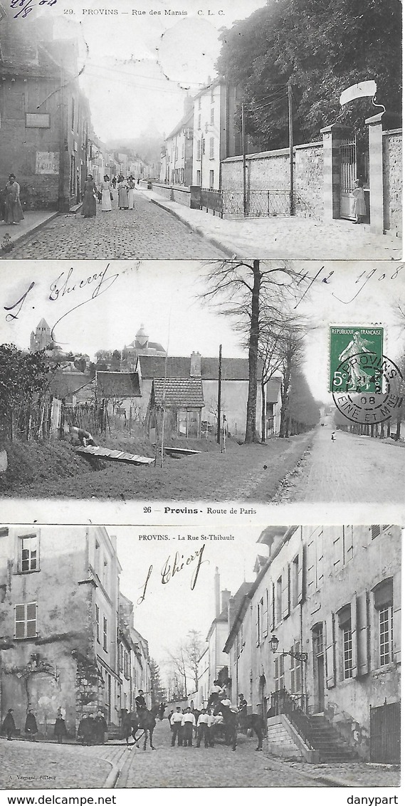 PROVINS - RUE ST THIBAULT 1905  - RUE DES MARAIS 1904 - RUE DE PARIS 1908 - 3 Cartes Animées Anciennes - Provins