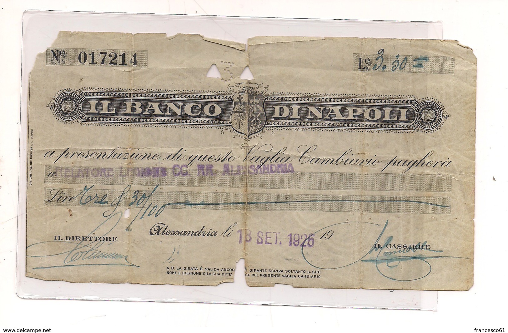 2136) Assegno Vaglia Cartamoneta Banco Di Napoli 1925 - Non Classés