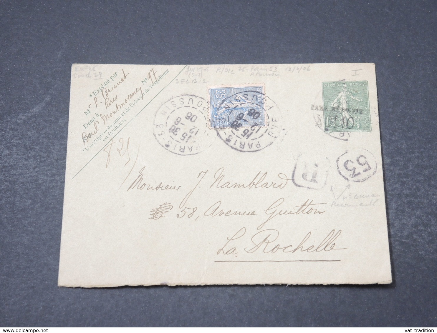 FRANCE - Entier Postal En Recommandé De Paris Pour La Rochelle En 1906 - L 16874 - Enveloppes Types Et TSC (avant 1995)