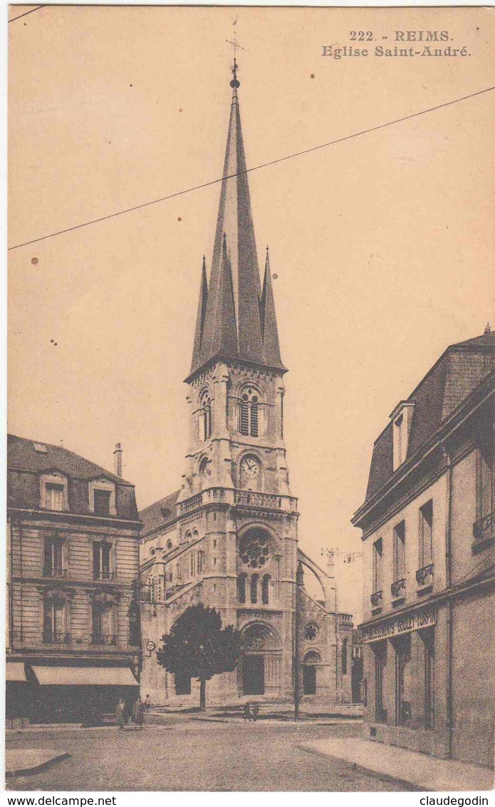 Reims, Eglise Saint André. CPA Légèrement Animée. Magasin Goulet Turpin, Excellent état - Reims