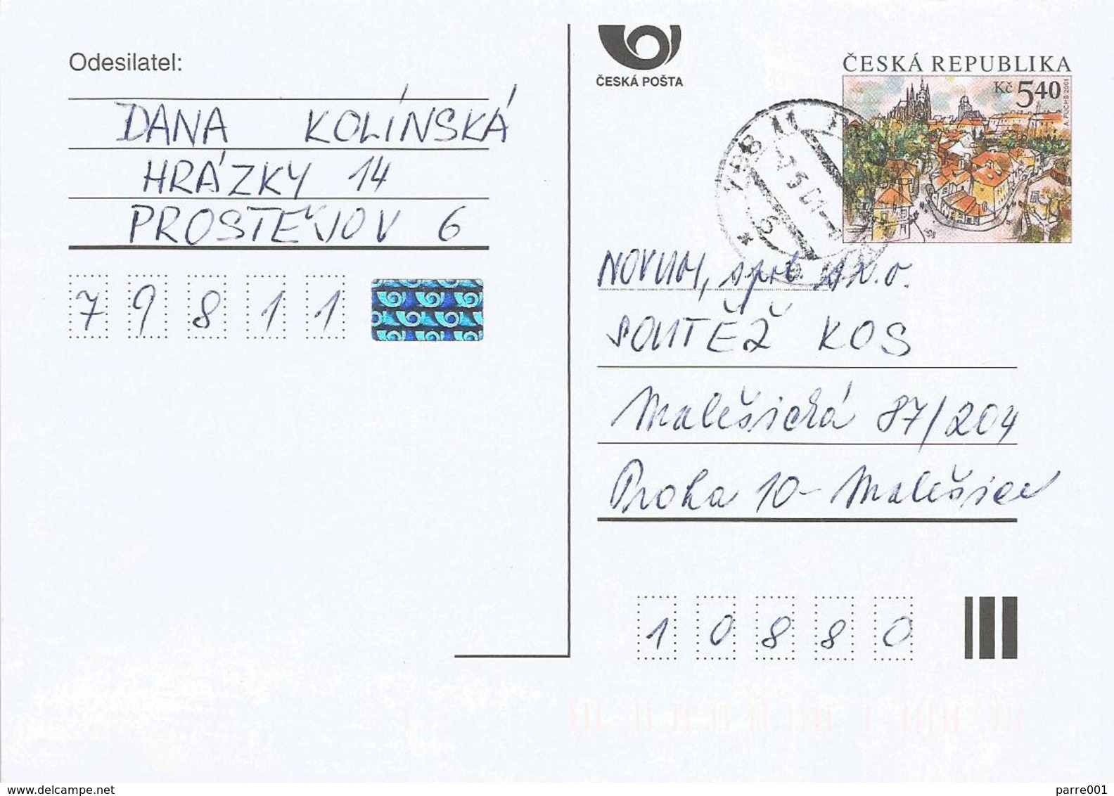 Czech Republic 2001 Prostekjov 5.40 Kc Postal Stationary Card - Postkaarten