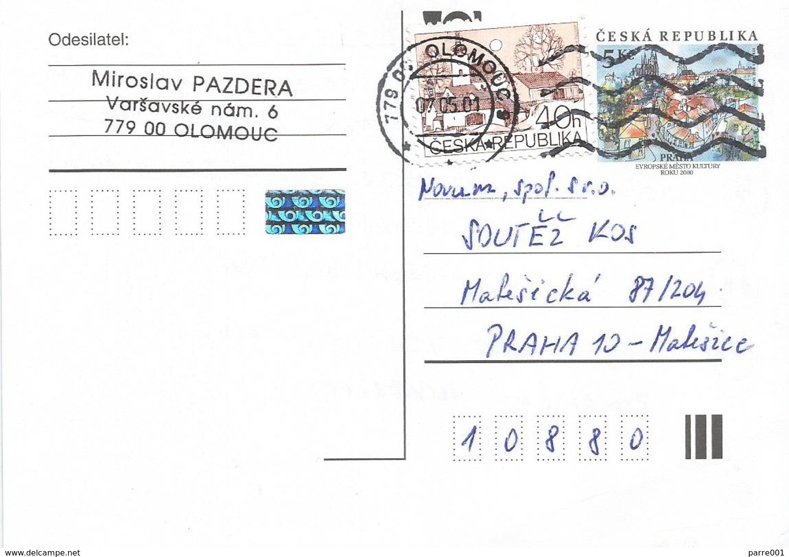 Czech Republic 2001 Olomouc 5 Kc Postal Stationary Card - Postcards