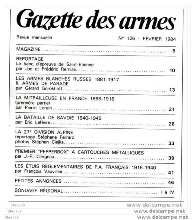 GAZETTE DES ARMES N° 126 Militaria Bataille De Savoie  , Mitrailleuse En France , 27° Div Alpine , 1° Pepperbox , - Français