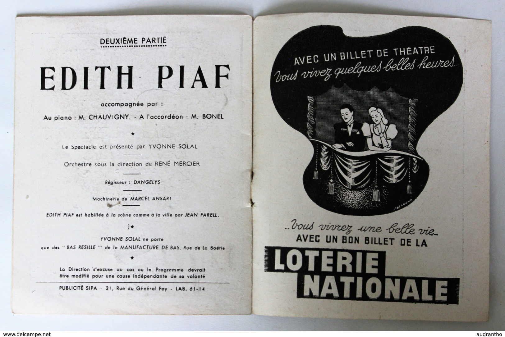 programme rare Edith PIAF théatre Music Hall ABC Les Compagnons de la chanson Marcel Bonel accordéoniste de Piaf