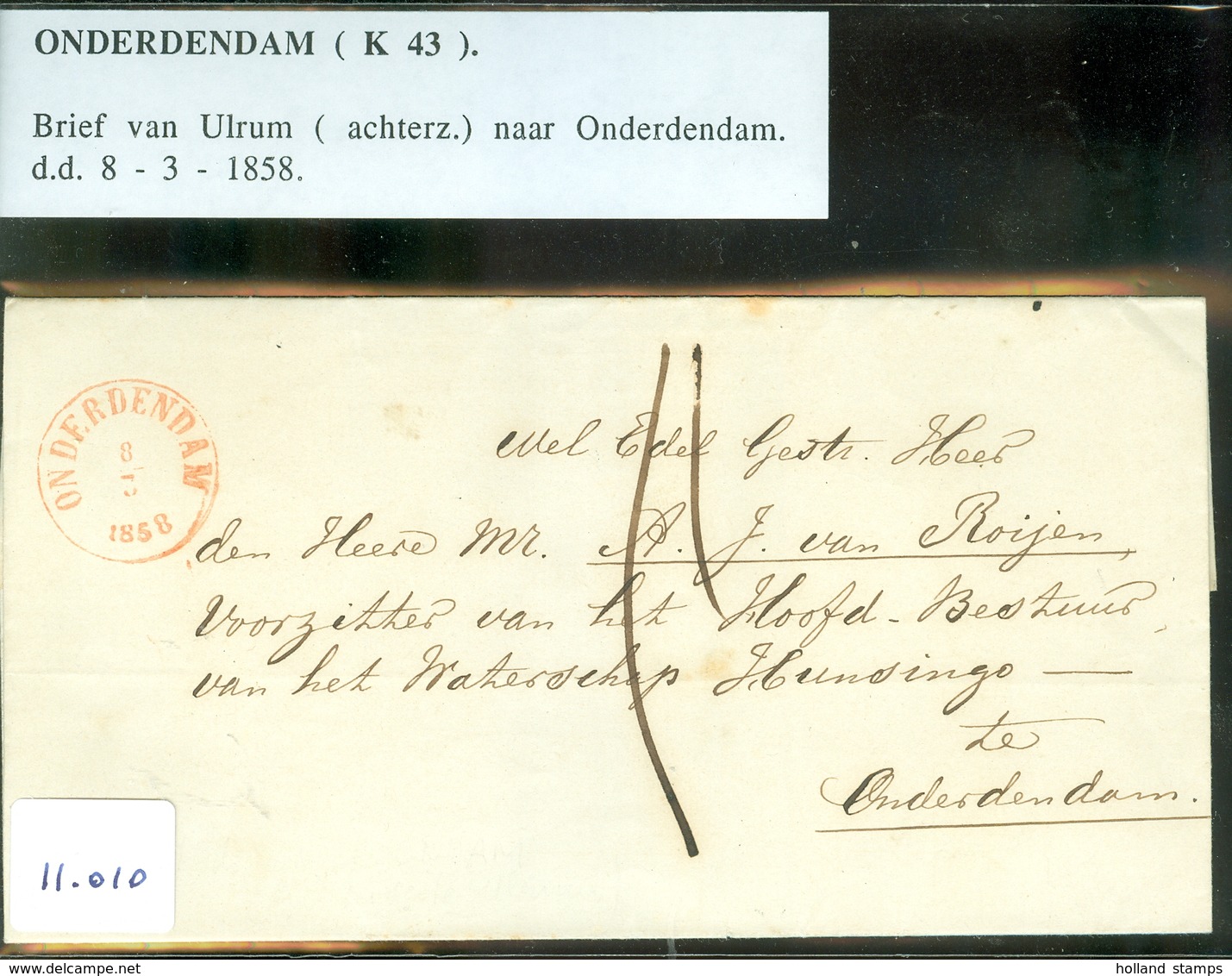 BRIEFOMSLAG Uit 1858 Gelopen Van LANGSTEMPEL ULRUM Naar ONDERDENDAM  (11.010) - Covers & Documents