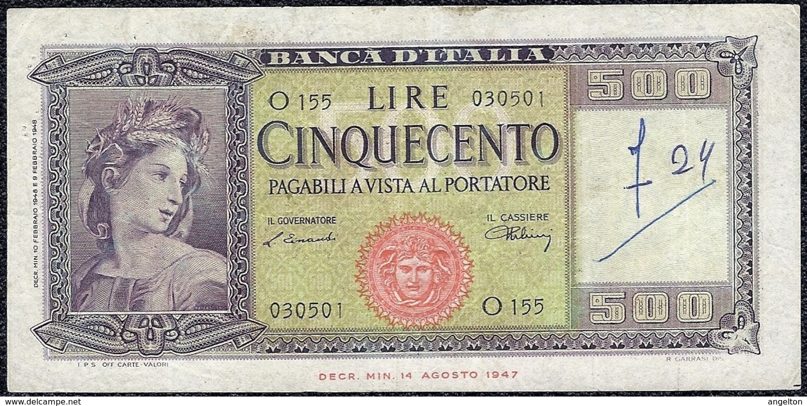 Italy 500 Lire 1947 *VF* Currency Banknote - 500 Lire