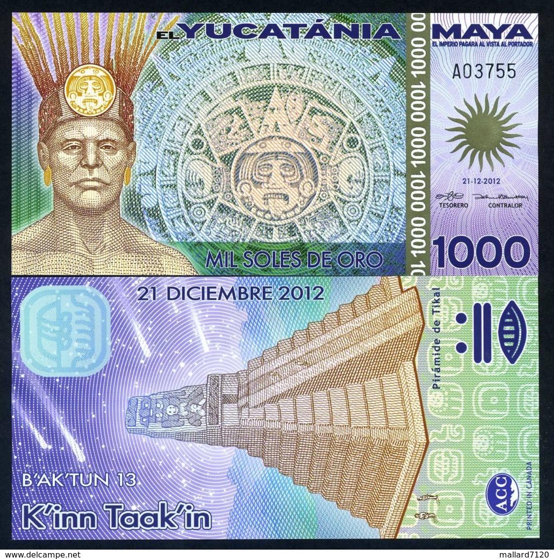 Maya, 1000 (1,000) Mil Soles De Oro, 2012, Polymer, UNC - Andere & Zonder Classificatie