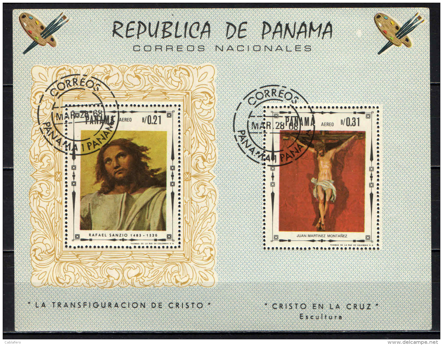 PANAMA - 1967 - DIPINTI SULLA VITA DI CRISTO: TRASFIGURAZIONE, CROCIFISSO - SOUVENIR SHEET - USATO - Panama