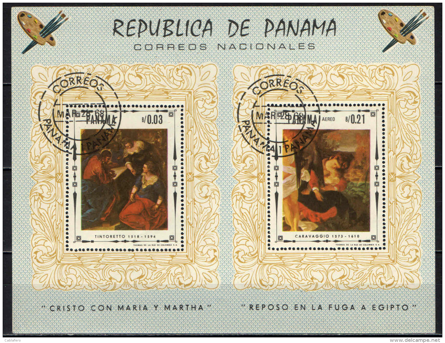 PANAMA - 1967 - DIPINTI SULLA VITA DI CRISTO: CON MARIA E MARTA, FUGA IN EGITTO - SOUVENIR SHEET - USATO - Panama