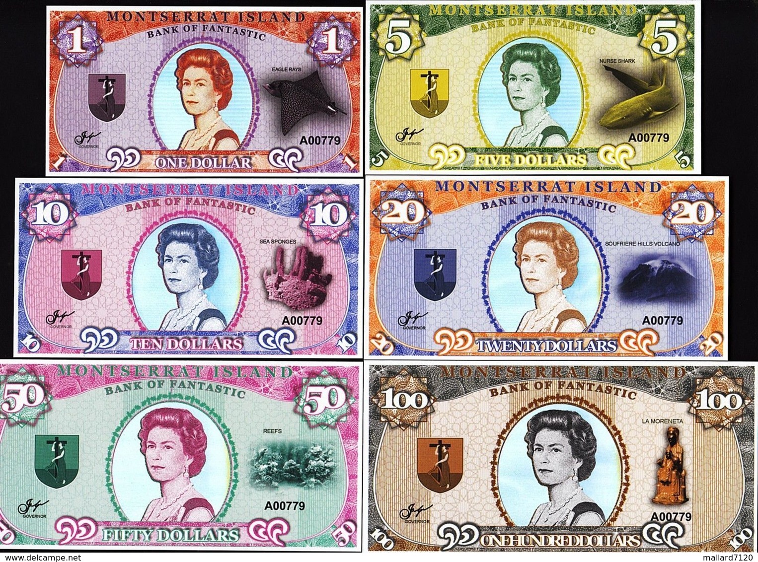 Set, Montserrat Island 1-5-10-20-50-100 Dollars Essay Specimen, 2018 Queen Elizabeth II - Autres & Non Classés