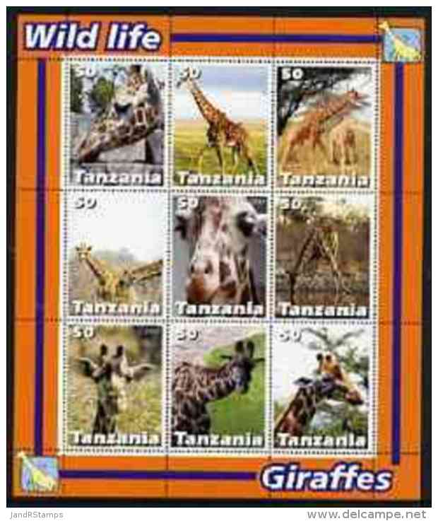 45910 (animals) Tanzania 2003 Wild Life - Giraffes Perf Sheetlet Containing Set Of 9 Values Unmounted Mint - Giraffes