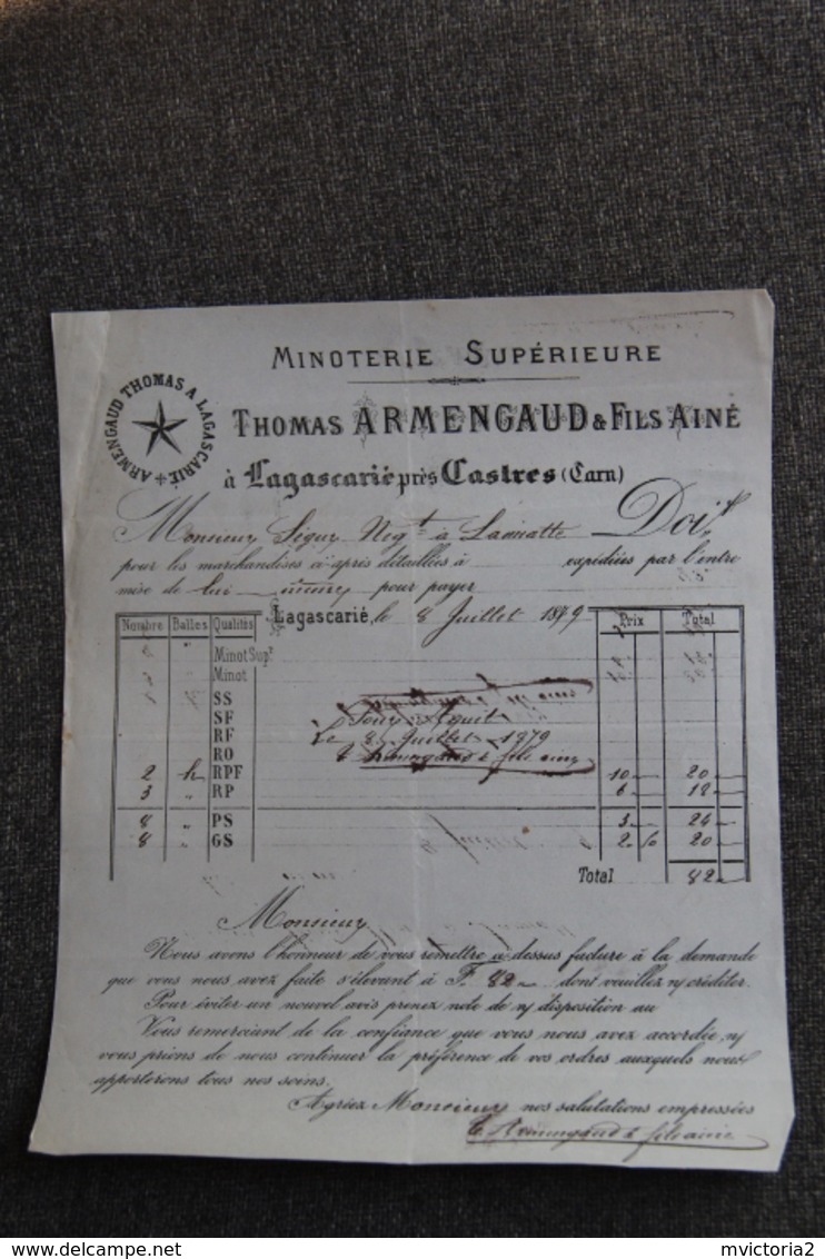 Facture Ancienne - LAGASCARIE , Minoterie Supérieure, Thomas ARMENGAUD - 1800 – 1899