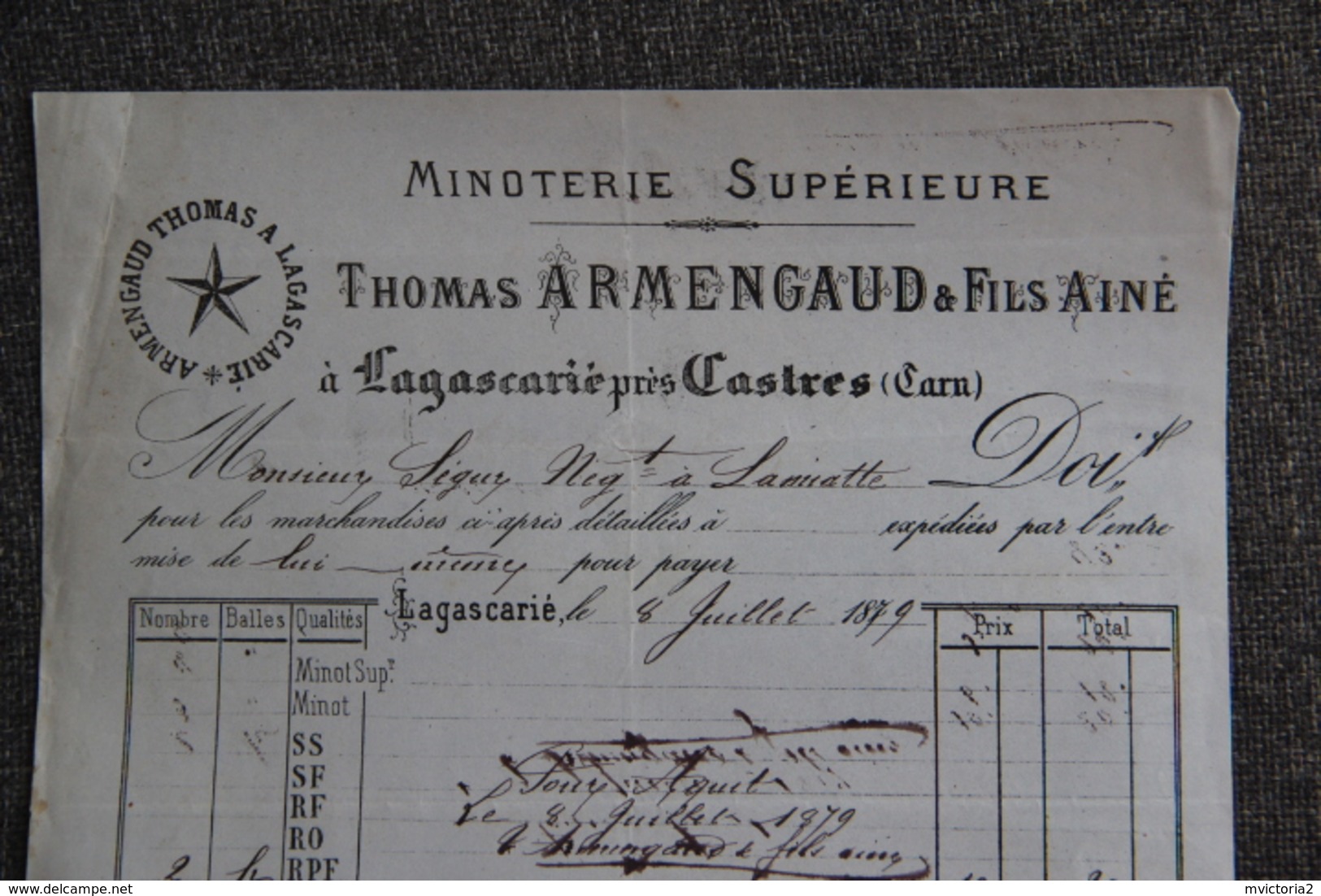 Facture Ancienne - LAGASCARIE , Minoterie Supérieure, Thomas ARMENGAUD - 1800 – 1899