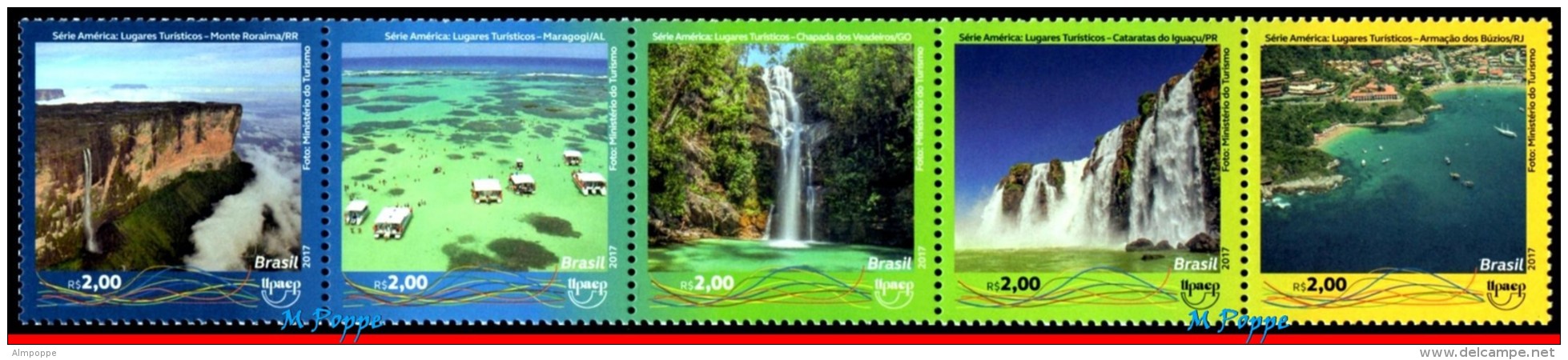 Ref. BR-V2017-14+E BRAZIL 2017 TOURISM, UPAEP, WATERFALL, BEACH,, TOURIST ATTRACTIONS, STRIP MNH 5V - Unused Stamps