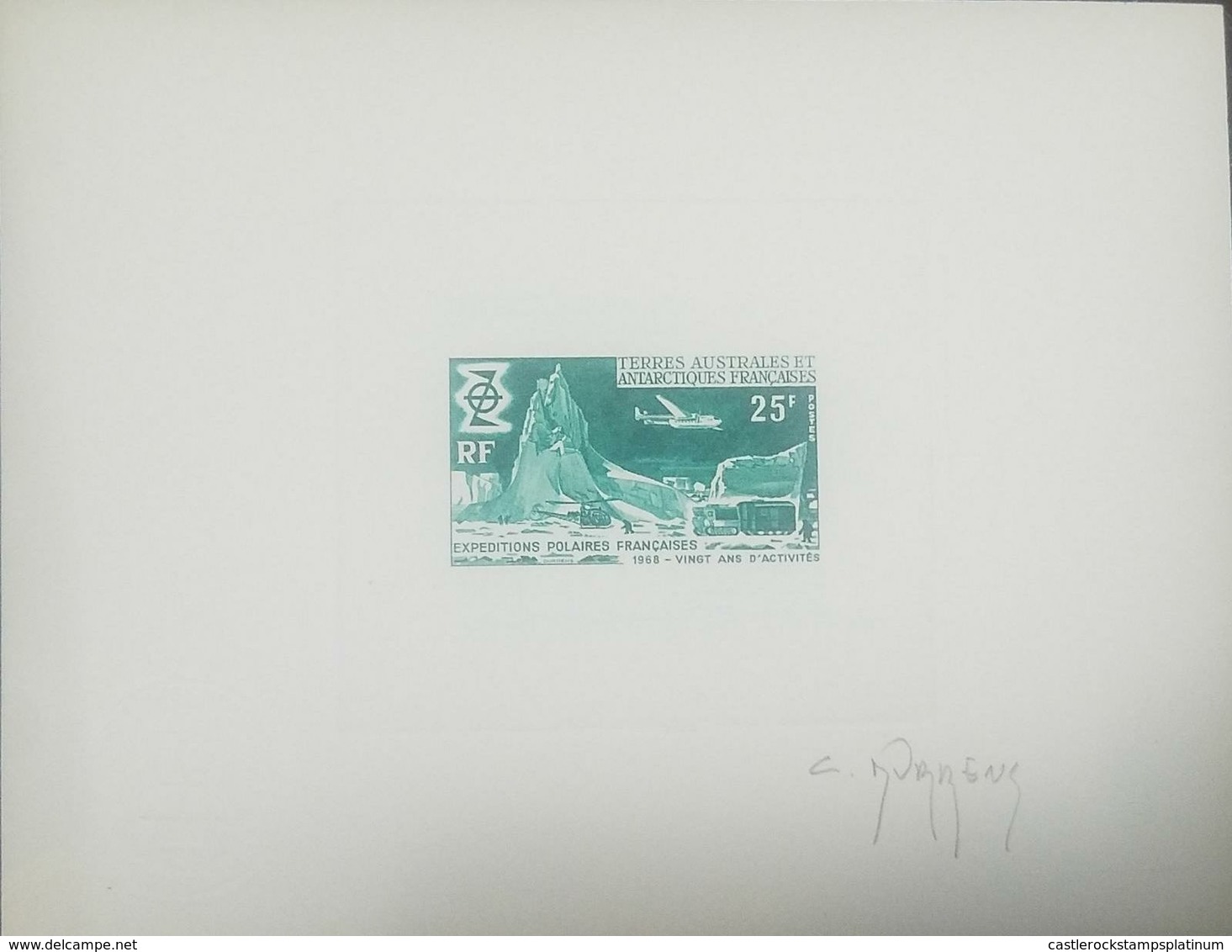 O) 1969 FRENCH SOUTHERN AND ANTARCTIC TERRITORIES, SIGNED ARTIST PROOF,POLAR CAMP WITH HELICOPTER PLANE AND SNOCAT TRACT - Sin Dentar, Pruebas De Impresión Y Variedades