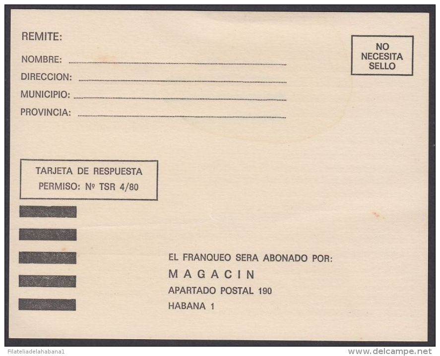 1980-EP-123 CUBA CIRCA 1980 SPECIAL POSTAL STATIONERY "MAGACIN" RESPUESTA PAGADA. - Cartas & Documentos