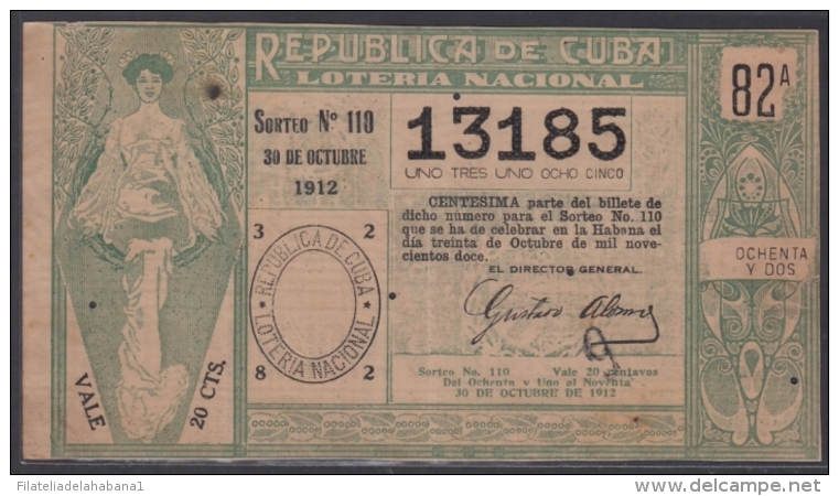 LOT-231 CUBA REPUBLIC OLD LOTTERY SORTEO DE LOTERIA N&ordm; 110 30/10/1912 - Lottery Tickets