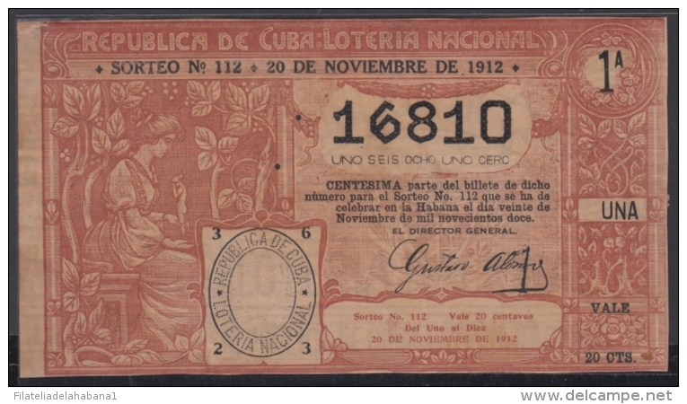 LOT-232 CUBA REPUBLIC OLD LOTTERY SORTEO DE LOTERIA N&ordm; 112 20/11/1912 - Lottery Tickets