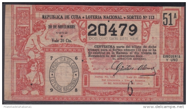 LOT-233 CUBA REPUBLIC OLD LOTTERY SORTEO DE LOTERIA N&ordm; 113 30/11/1912 - Lottery Tickets