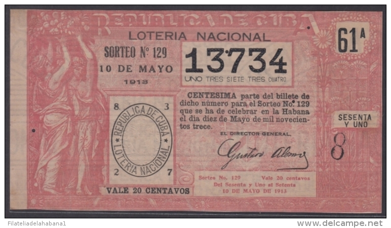 LOT-245 CUBA REPUBLIC OLD LOTTERY SORTEO DE LOTERIA N&ordm; 129 10/05/1913 - Lotterielose