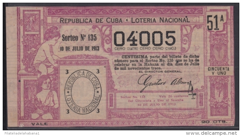 LOT-250 CUBA REPUBLIC OLD LOTTERY SORTEO DE LOTERIA N&ordm; 135 10/07/1913 - Lottery Tickets