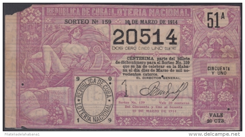 LOT-262  CUBA REPUBLIC OLD LOTTERY SORTEO DE LOTERIA N&ordm; 159 10/03/1914    6,99 - Lottery Tickets