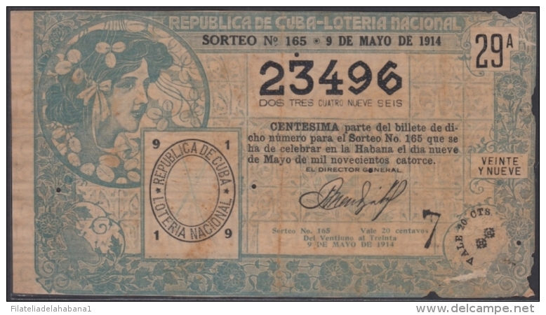 LOT-264  CUBA REPUBLIC OLD LOTTERY SORTEO DE LOTERIA N&ordm; 165 09/05/1914 - Lottery Tickets