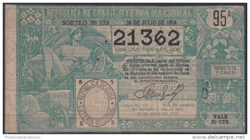 LOT-267  CUBA REPUBLIC OLD LOTTERY SORTEO DE LOTERIA N&ordm; 173 30/07/1914 - Billetes De Lotería