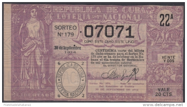 LOT-270  CUBA REPUBLIC OLD LOTTERY SORTEO DE LOTERIA N&ordm; 179 30/09/1914 - Lottery Tickets