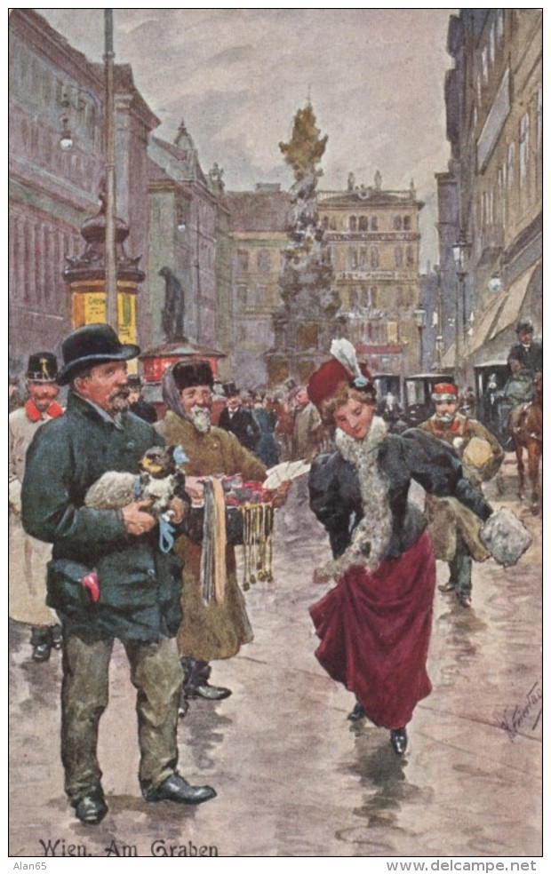 Feiertag Artist Signed Image, 'Wien, Am Graben' Woman Walks Past Street Vendor, Man With Dog, C1910s Vintage Postcard - Feiertag, Karl