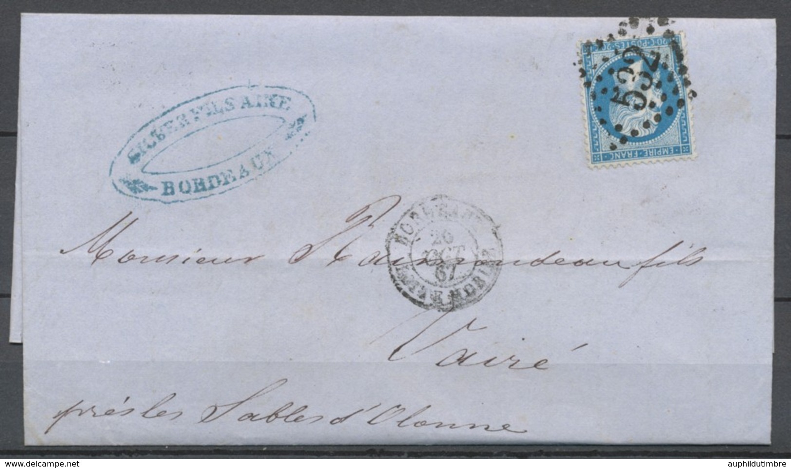 1867 Lettre N°22 20c Bleu GC532 Bordeaux Boite Mobile TB K916 - 1849-1876: Période Classique