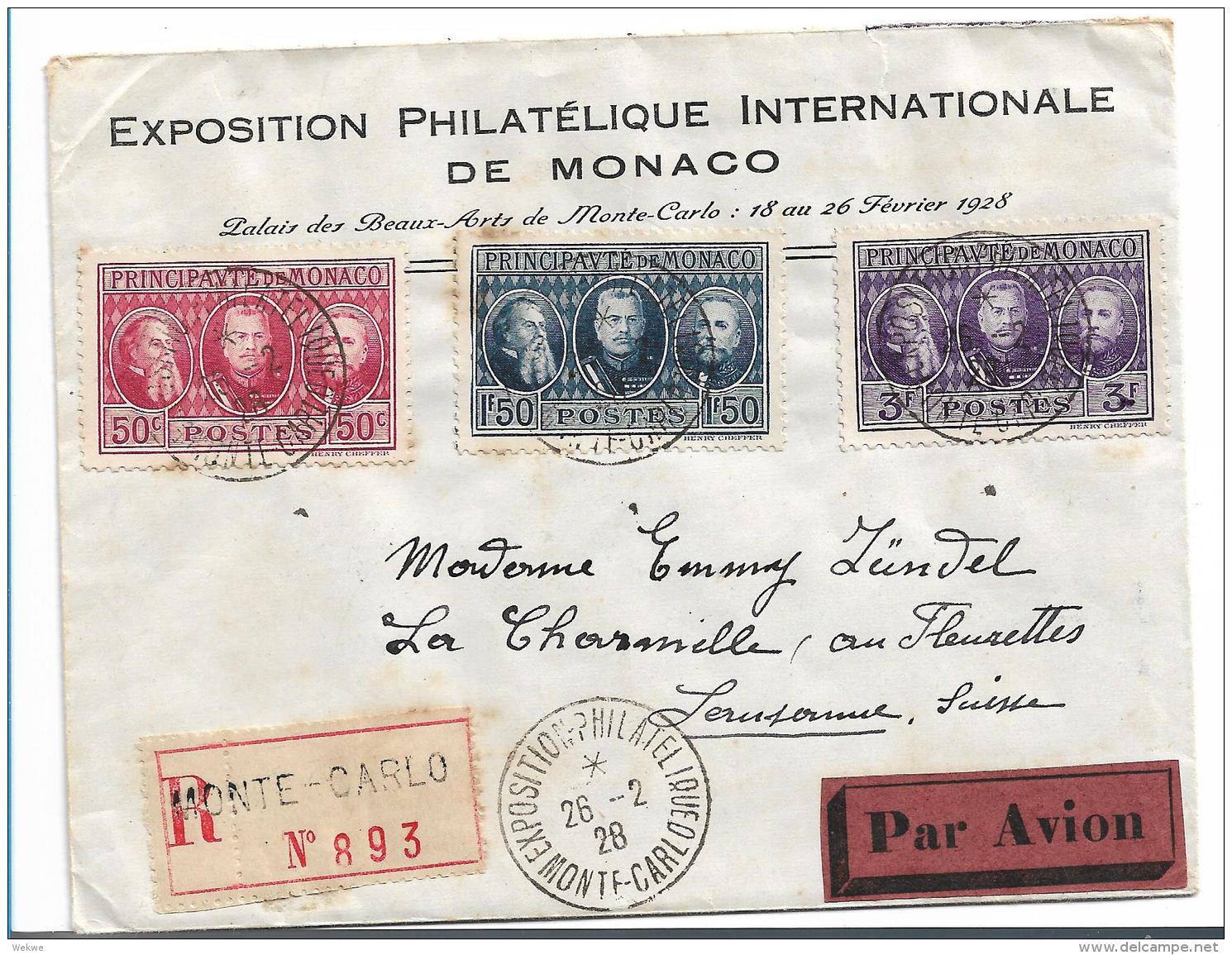 PM008 / MONACO -  Monte Carlo, Internationale Briefmarkenausstellung 1928 Auf Offiziellem Kuvert, Nach Lausanne - Lettres & Documents