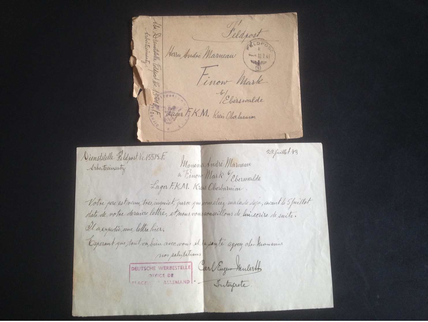 Enveloppe + Lettre 29/07/1943 Avec Tampon "office De Placement Allemand" - Guerre 1939-45