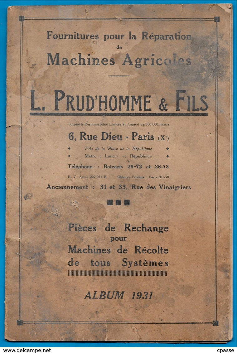 En L'état AGRICULTURE 1931 - Fournitures Pour Réparation Machines Agricoles L. PRUD'HOMME & FILS 75010 Paris - Autres Plans