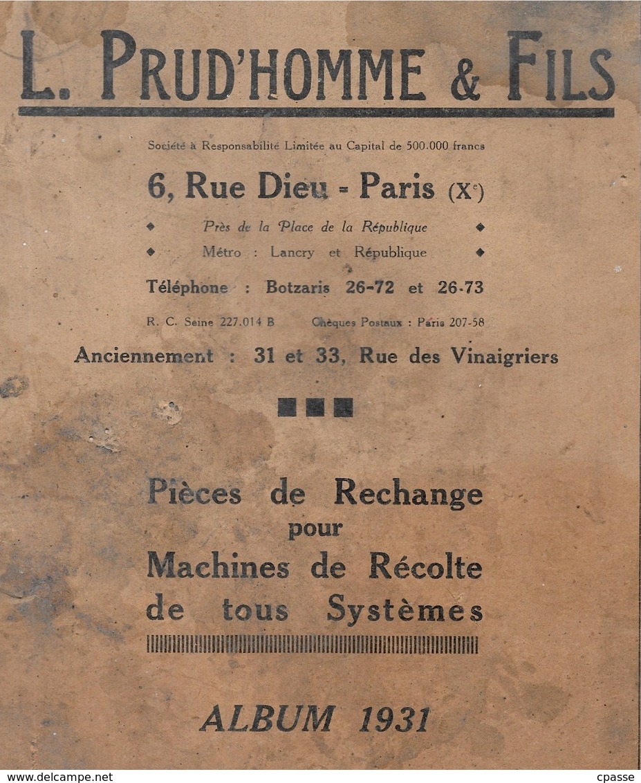 En L'état AGRICULTURE 1931 - Fournitures Pour Réparation Machines Agricoles L. PRUD'HOMME & FILS 75010 Paris - Other Plans