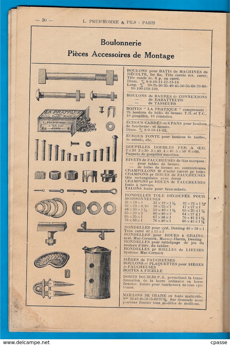 en l'état AGRICULTURE 1931 - Fournitures pour Réparation Machines Agricoles L. PRUD'HOMME & FILS 75010 Paris