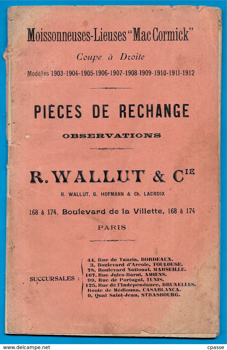 En L'état AGRICULTURE Moissonneuse-Lieuse McCORMICK Pièces De Rechanges R. WALLUT 75019 Paris Mac Mc Cormick Matériel - Autres Plans