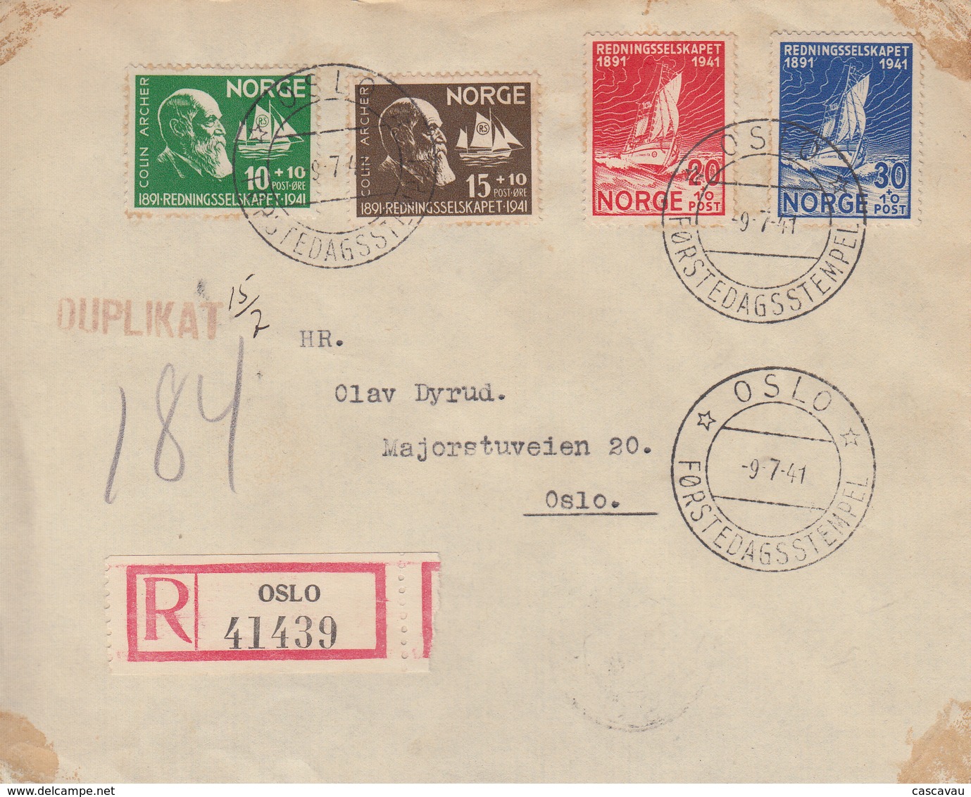 Enveloppe  Recommandée  FDC  1er   Jour   NORVEGE   Société  Pour  Le  Sauvetage  Des  Naufrgés   OSLO   1943 - FDC