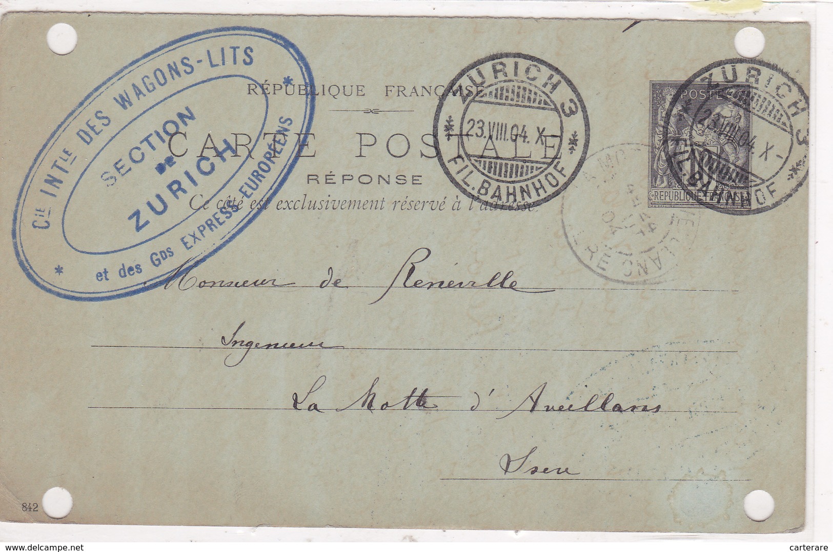 Suisse - Zurich Cachet Sur Entier Postal Français 10c,train, Cie Inter. Wagons Lits Et Gds Express Européens 1904 ( 2sc) - Marcophilie