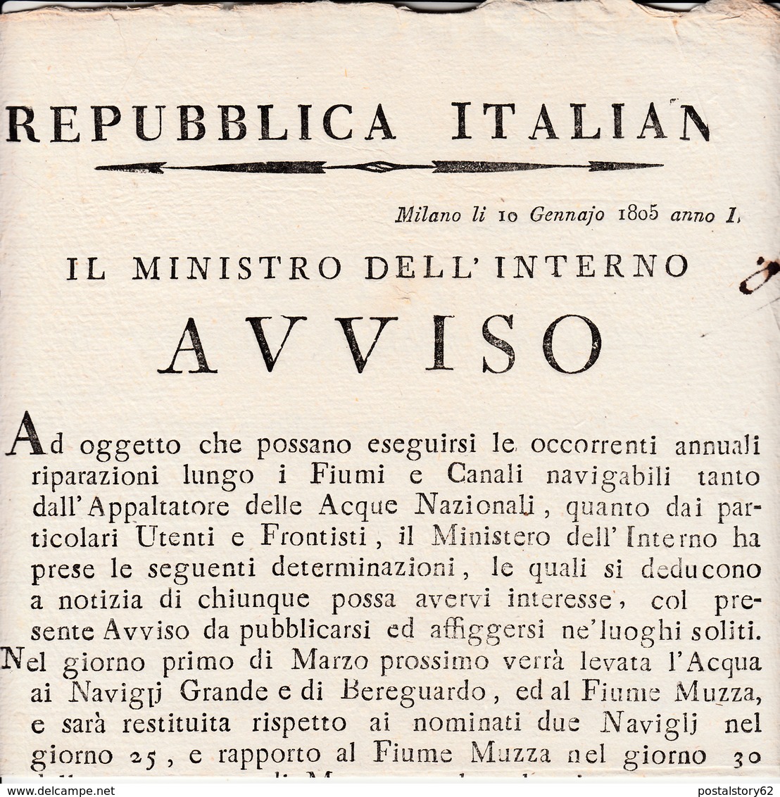 Periodo Napoleonico, Repubblica Italiana, Milano 1805 Avviso Per Riparazioni Lungo Fiumi E Canali. - Decreti & Leggi