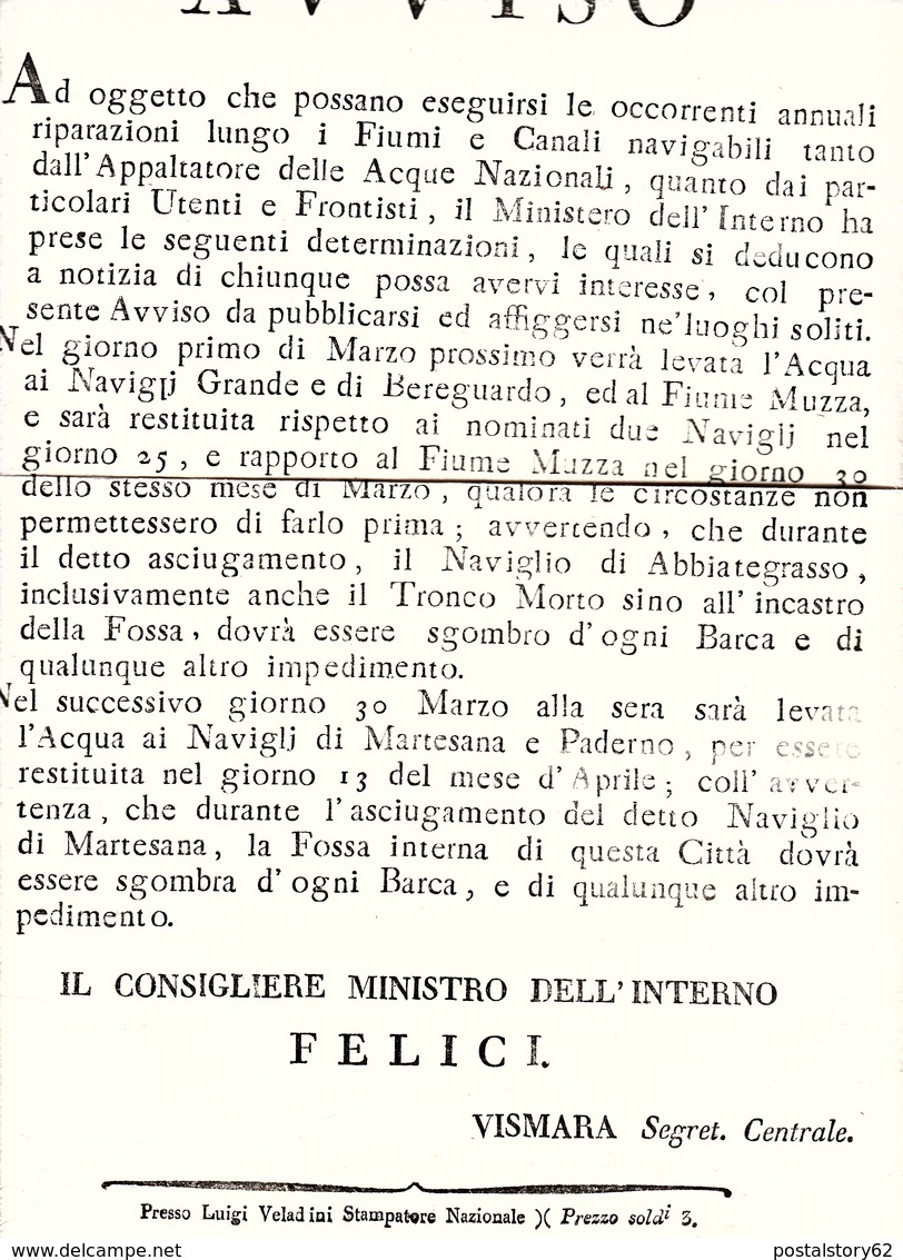 Periodo Napoleonico, Repubblica Italiana, Milano 1805 Avviso Per Riparazioni Lungo Fiumi E Canali. - Decreti & Leggi