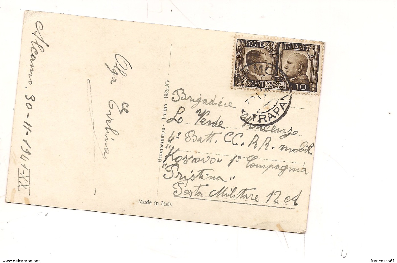 2186) 1941 ALLEANZA 10C ISOLATO CARTOLINA  FIRMA DATA ALCAMO COVER CARABINIERI REALI KOSSOVO PRISTINA - Marcophilie