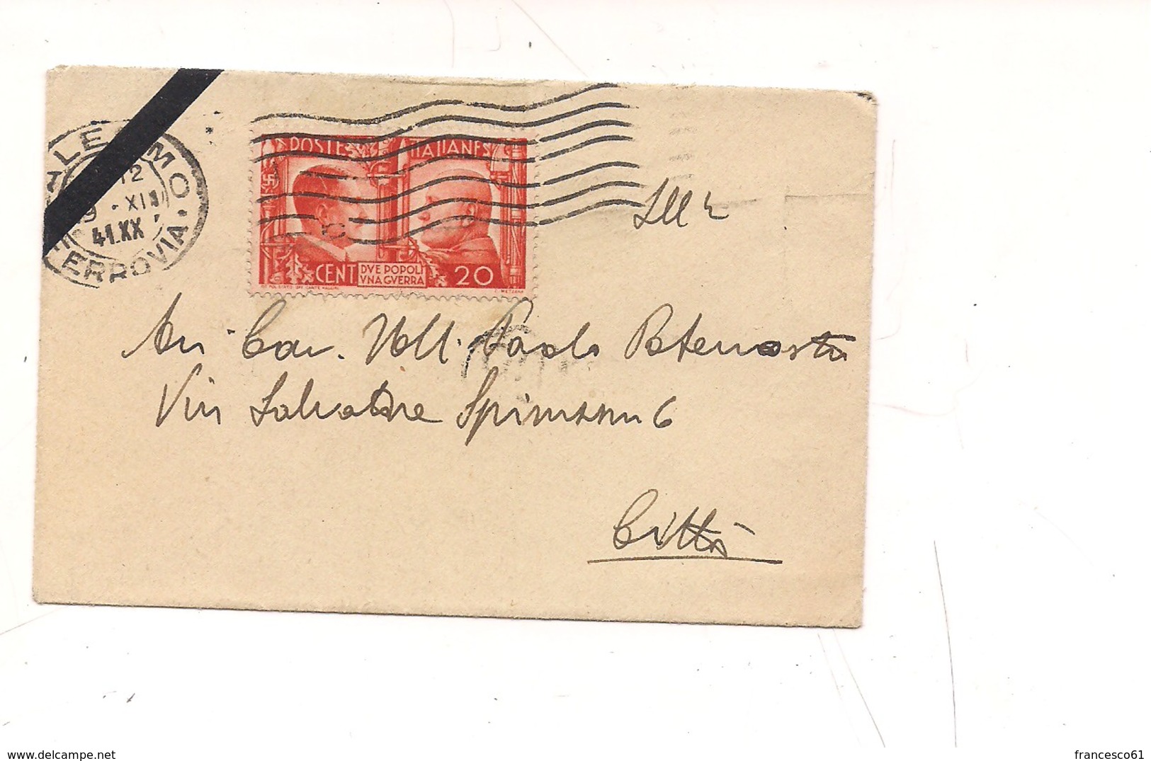 2194) 1941 ALLEANZA 20C ISOLATO TARIFFA BIGLIETTO VISITA PALERMO COVER - Marcophilia