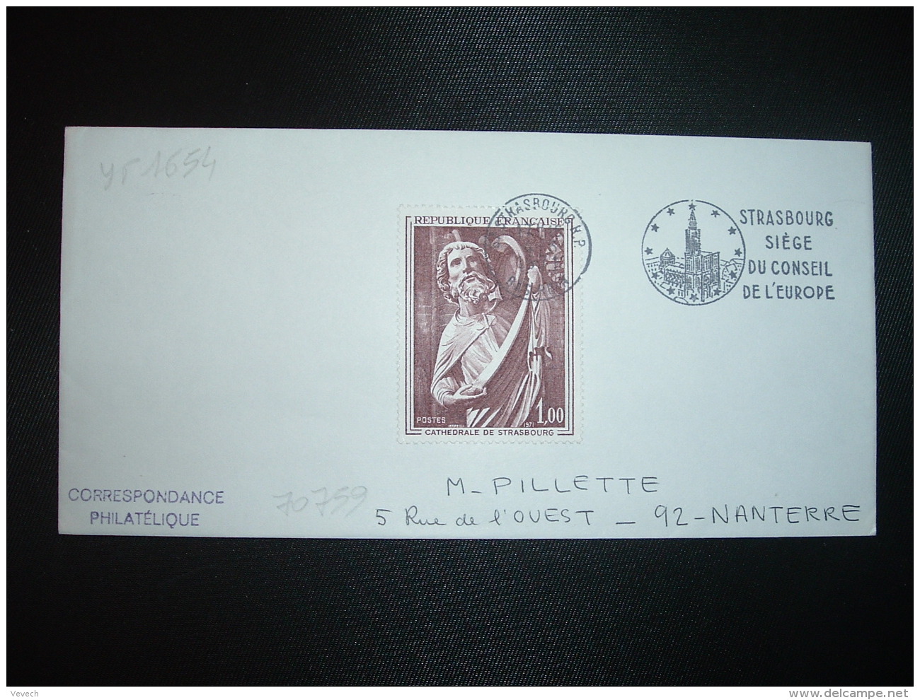 LETTRE TP YT 1654 CATHEDRALE DE STRASBOURG 1,00 OBL.MEC.4-3 1971 67 STRASBOURG RP BAS-RHIN - 1961-....